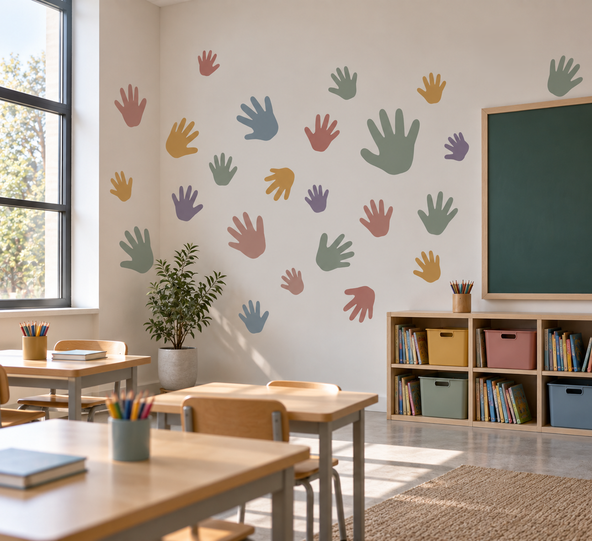 Multicolor handprint wall stencil in different sizes decorating a bright kids classroom.