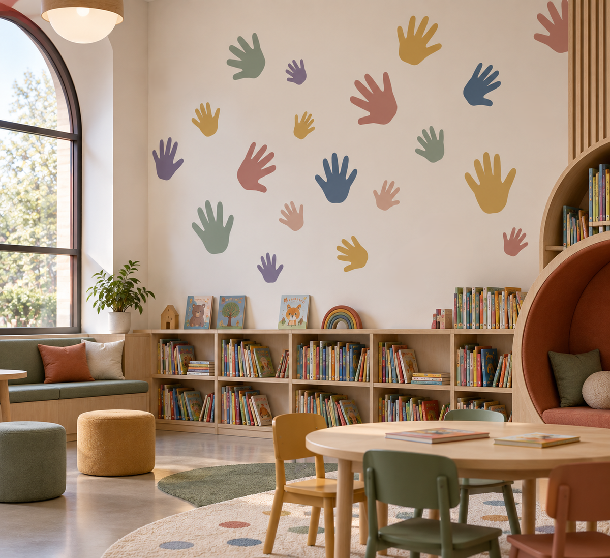 Multicolor handprint wall stencil in different sizes decorating a bright kids library and reading room.