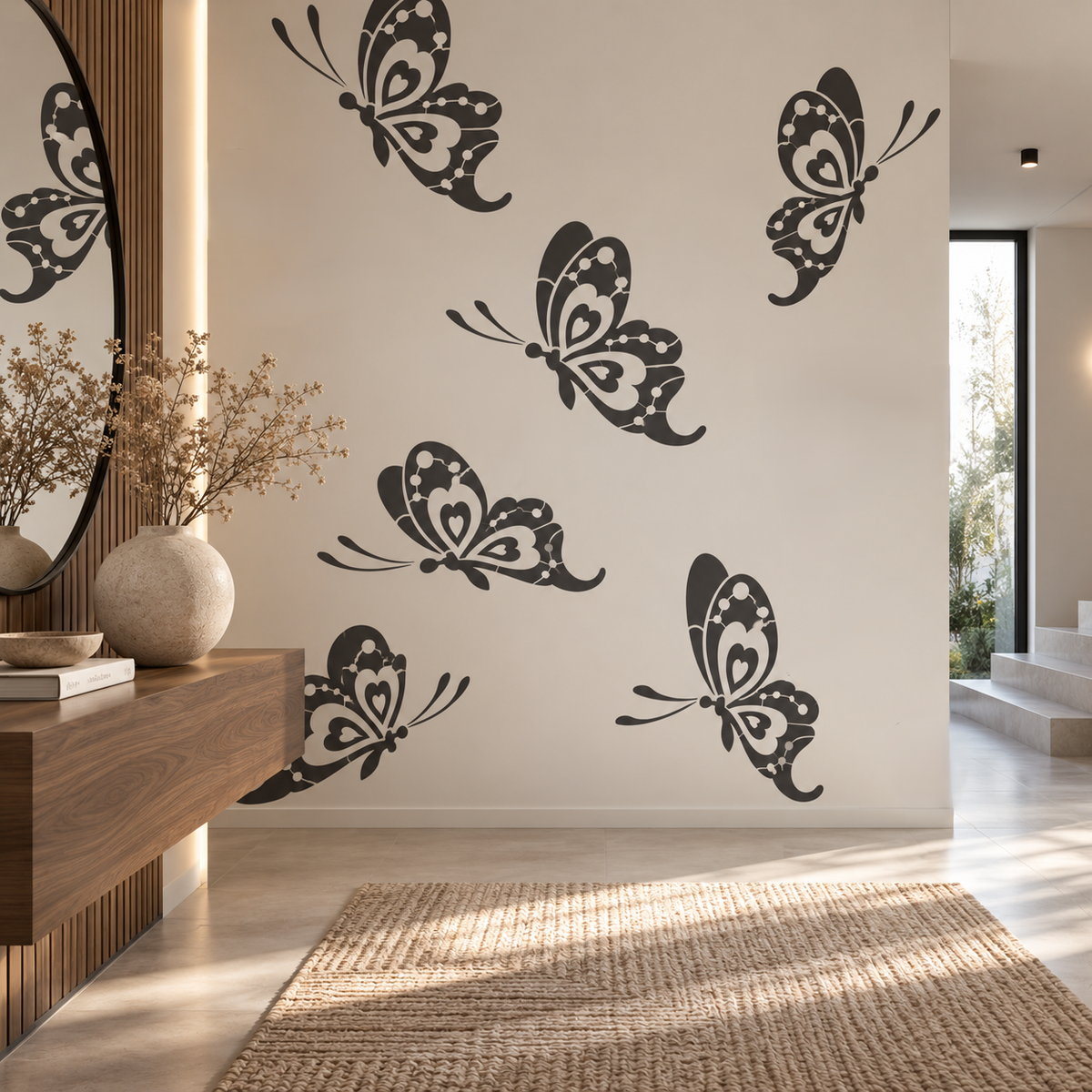 Heart Butterfly Stencil in black on a warm neutral wall in a modern entryway