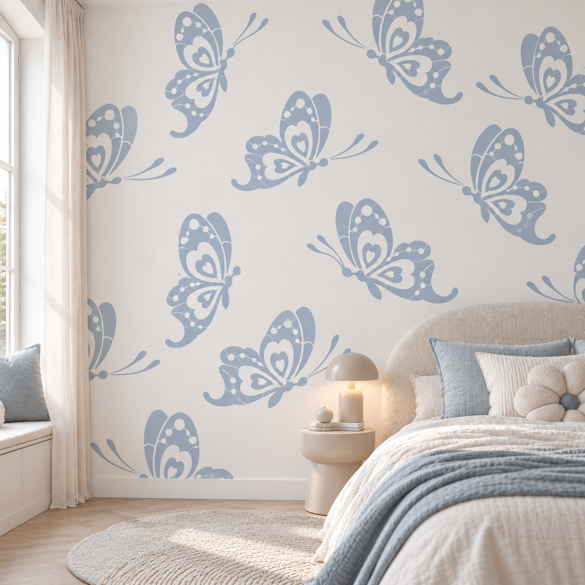 Heart Butterfly Stencil in soft blue on a white wall in a bright modern bedroom