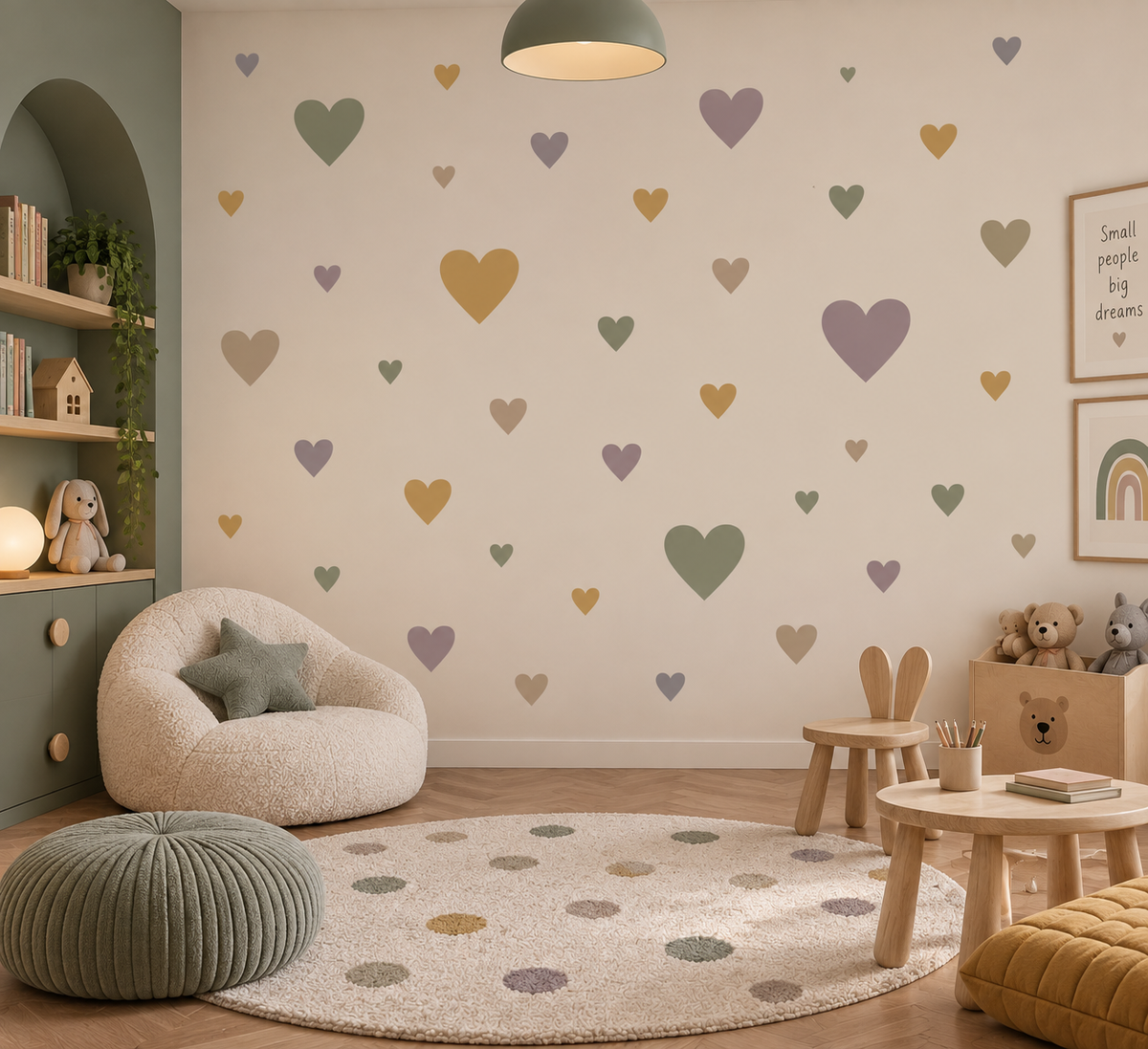 Heart wall stencils in different sizes and soft colors decorating a neutral kids playroom.