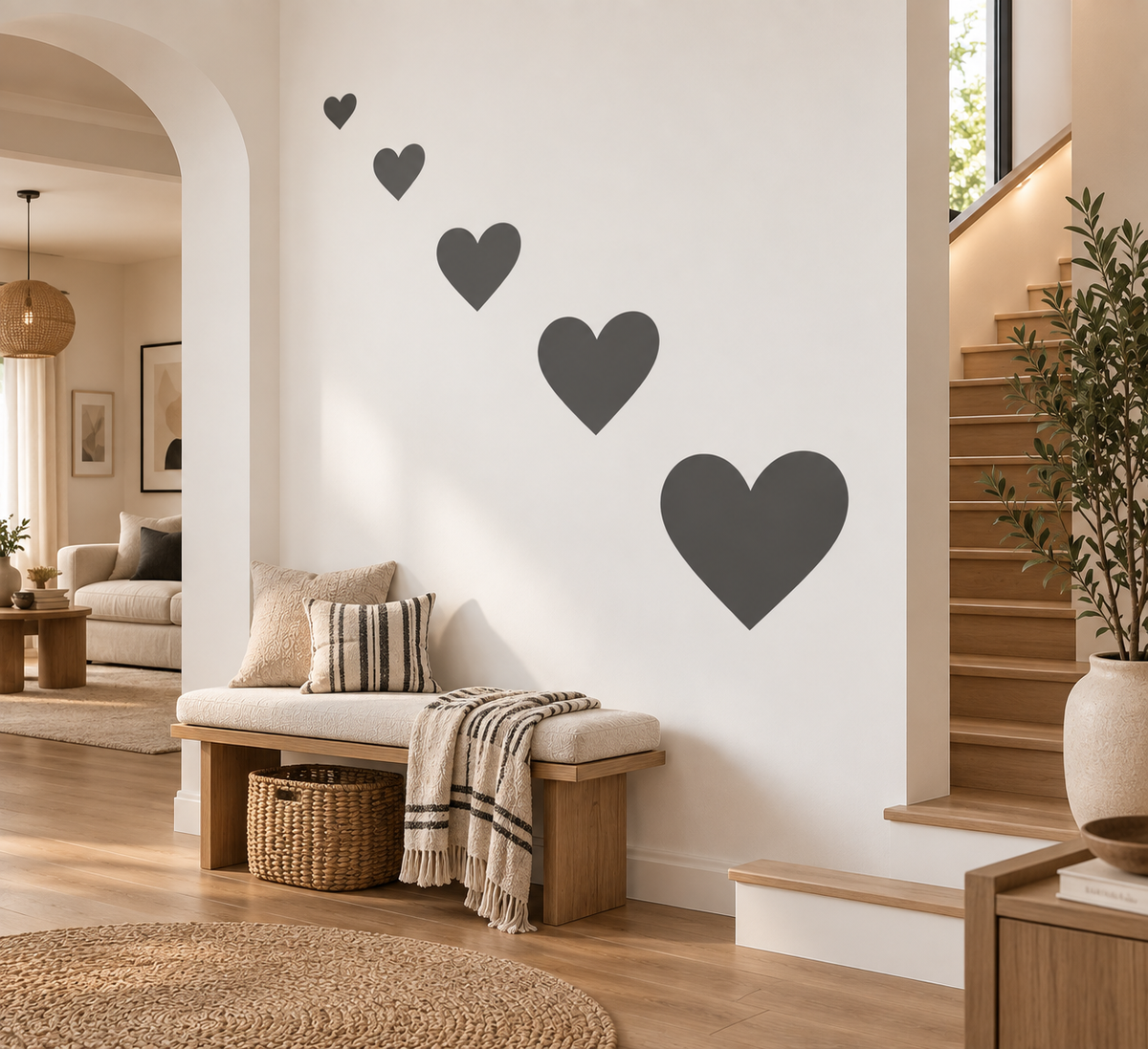Heart wall stencil in gradually increasing sizes creating a modern feature wall in a neutral entryway.