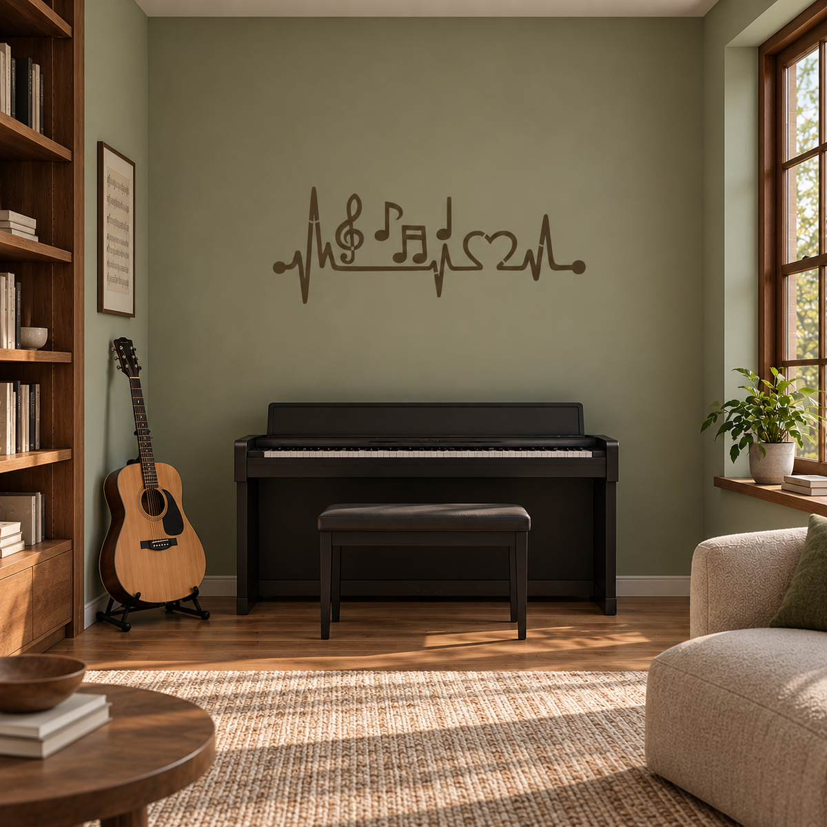 Brown heartbeat line with musical notes, treble clef and heart painted on a sage green wall above a piano in a cozy home music room.