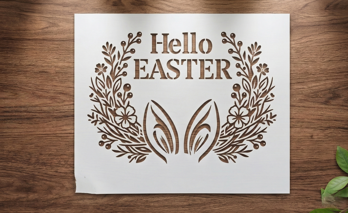 Hello Easter stencil with floral wreath and bunny ears – decorative stencil for Easter home decor.