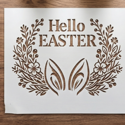 Hello Easter gėlių vainiko trafaretas su zuikio ausimis