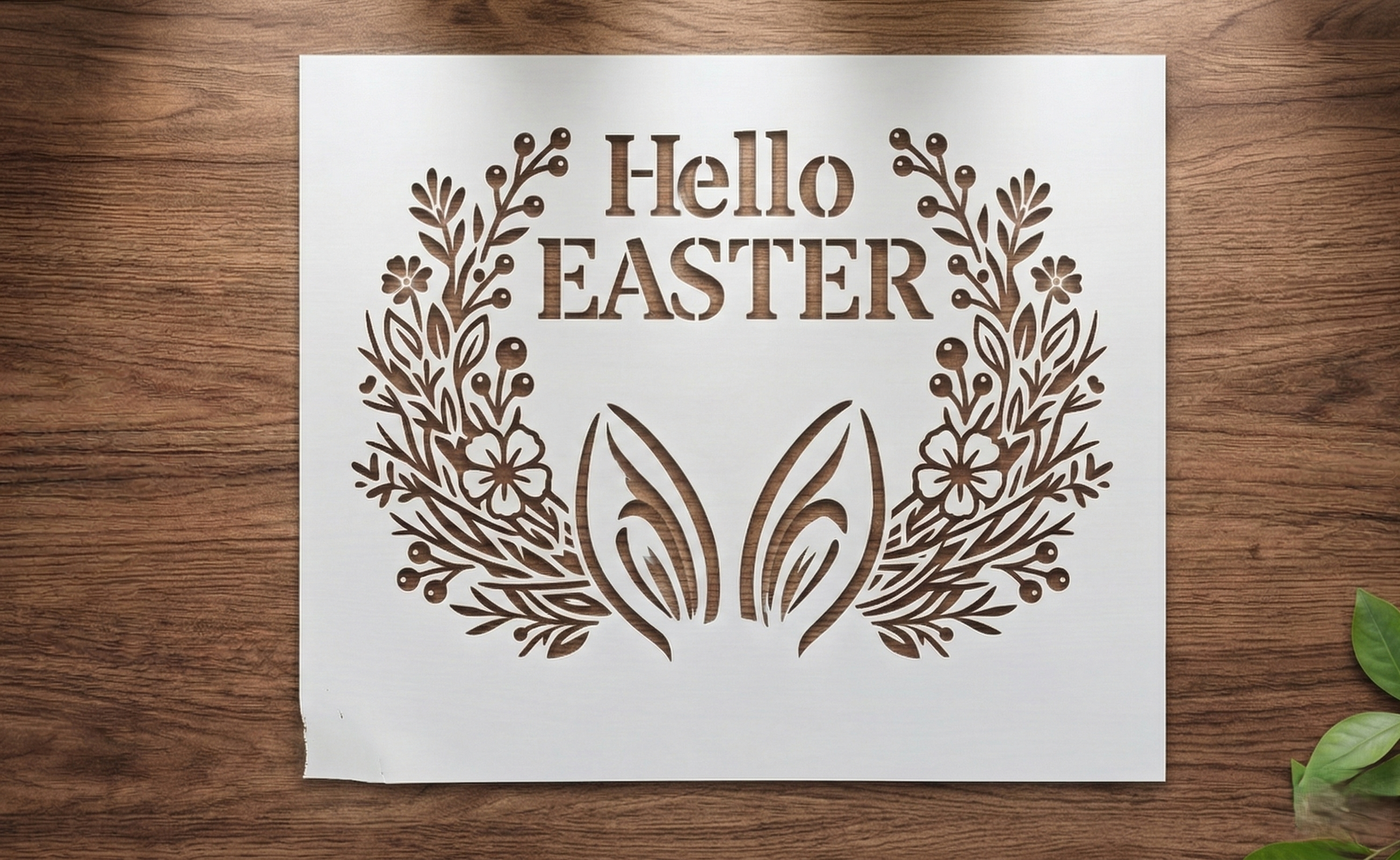 Hello Easter stencil with floral wreath and bunny ears – decorative stencil for Easter home decor.