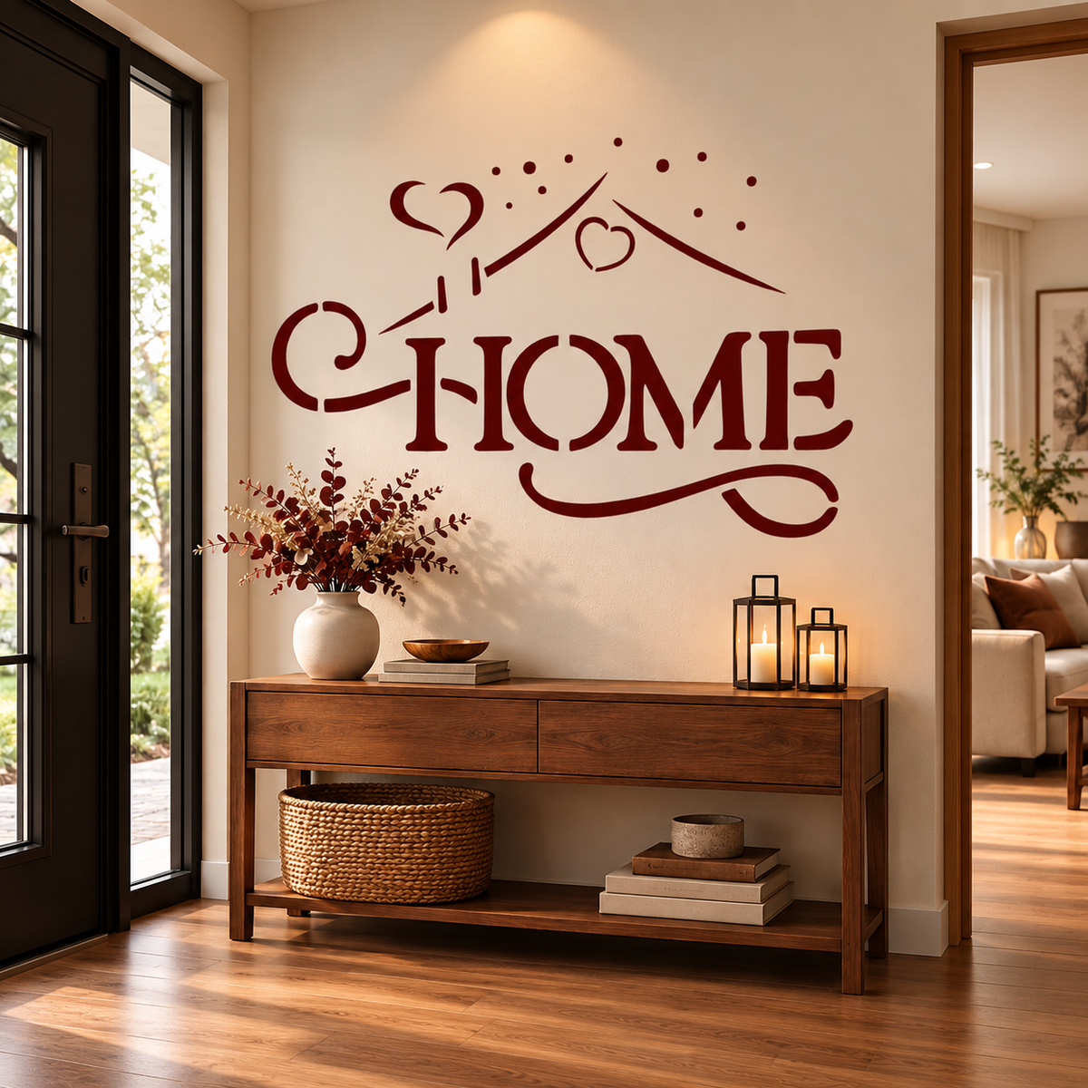 Home Stencil in burgundy with heart accents above a rustic wooden console table with flowers and lanterns in a welcoming farmhouse entryway.