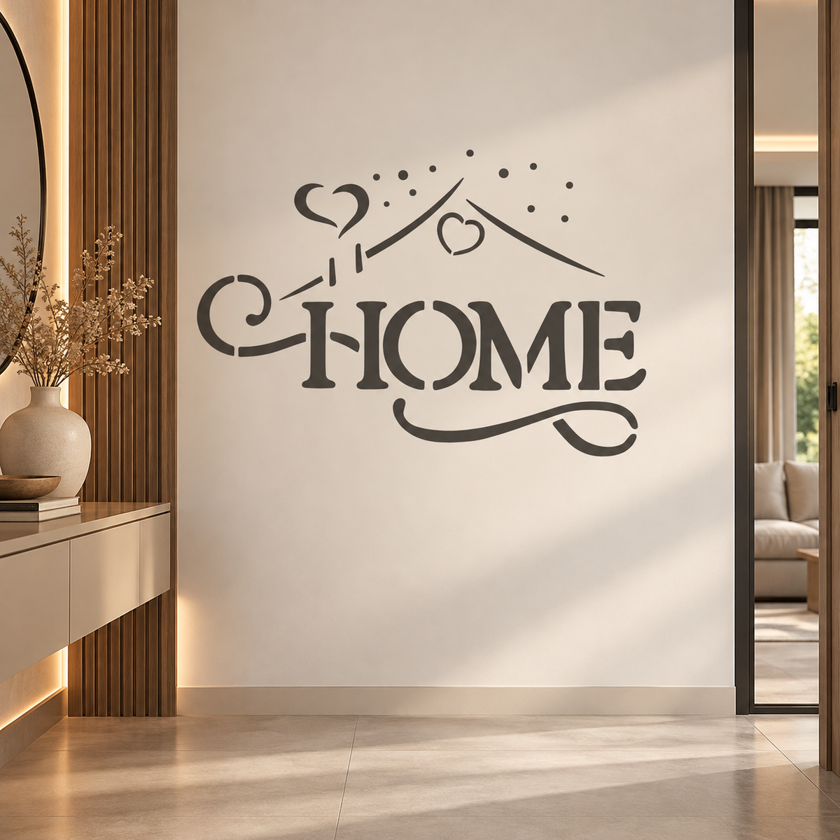 Home Stencil in dark gray with decorative hearts and swirls on a cream wall in a modern hallway with wooden accents.