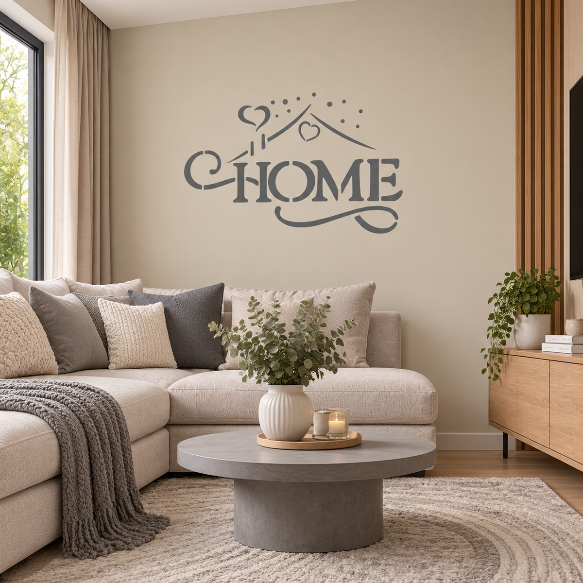 Home Stencil in soft gray with decorative hearts and flourishes on a beige wall above a cream sectional sofa in a cozy modern living room.