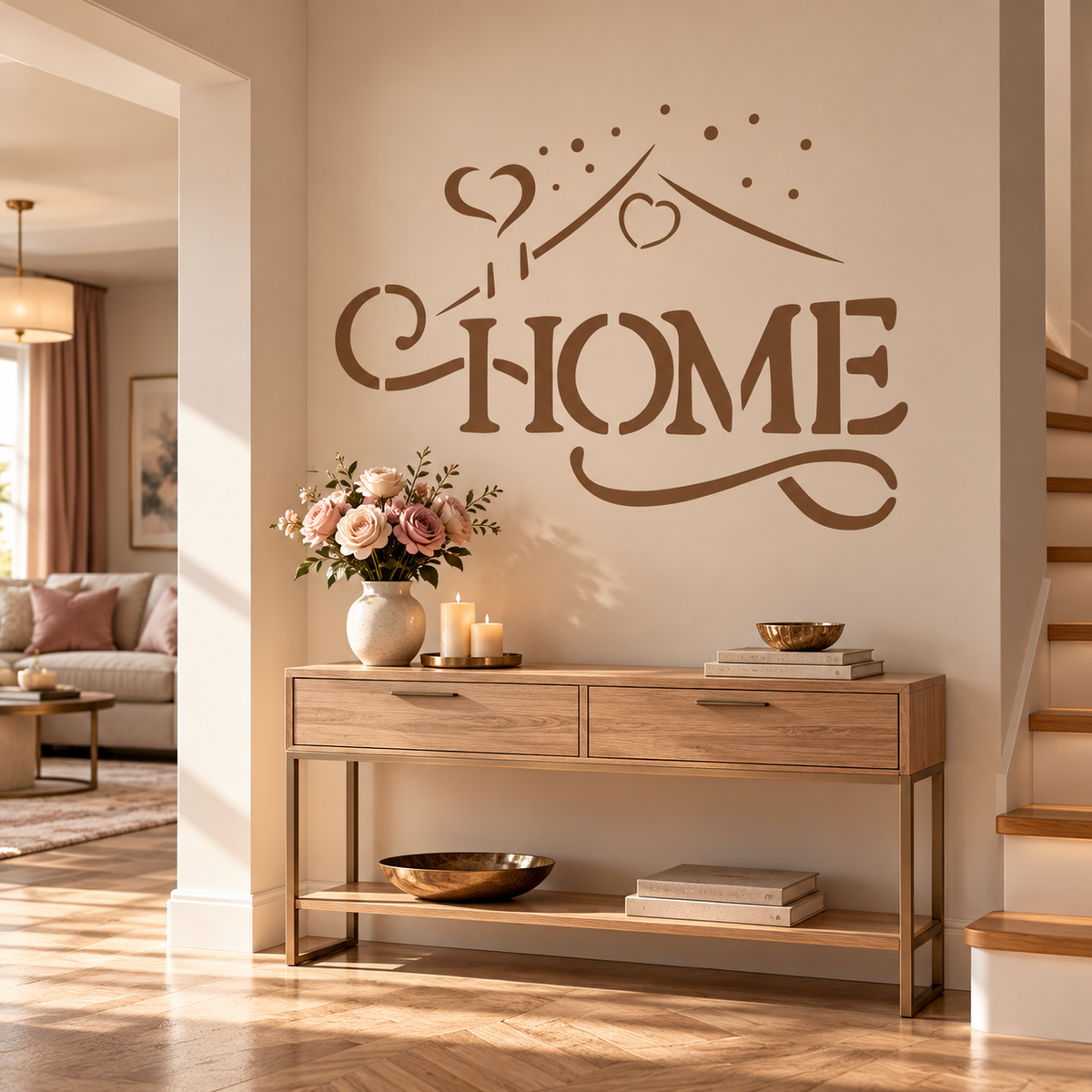 Home Stencil in warm brown with heart details above a wooden console table decorated with flowers and candles in a cozy entryway.