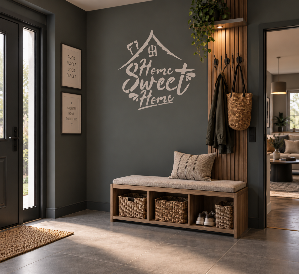 Home Sweet Home wall stencil in a modern entryway with a wooden bench, dark walls and warm natural accents.