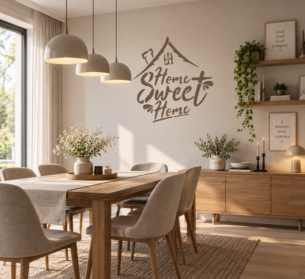 Home Sweet Home wall stencil in a bright Scandinavian dining room with natural wood furniture and neutral decor.