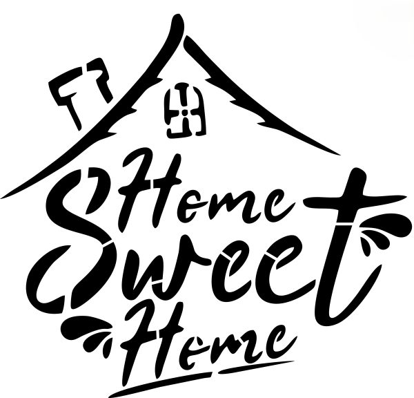 "Home Sweet Home” wall stencil design with decorative script lettering for DIY wall décor and interior decoration projects.