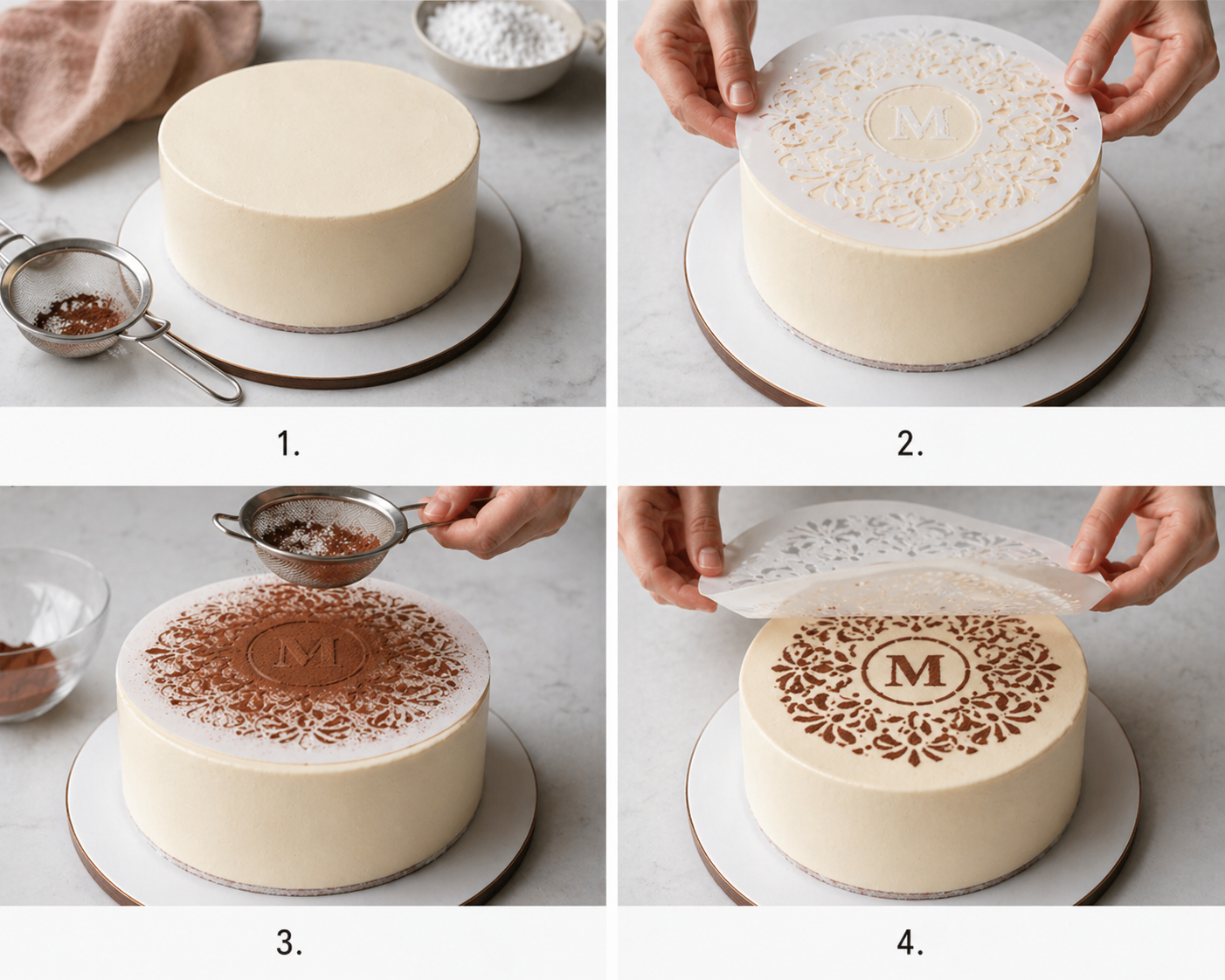 how to use a cake stencil step by step for cake decorating with powdered sugar design