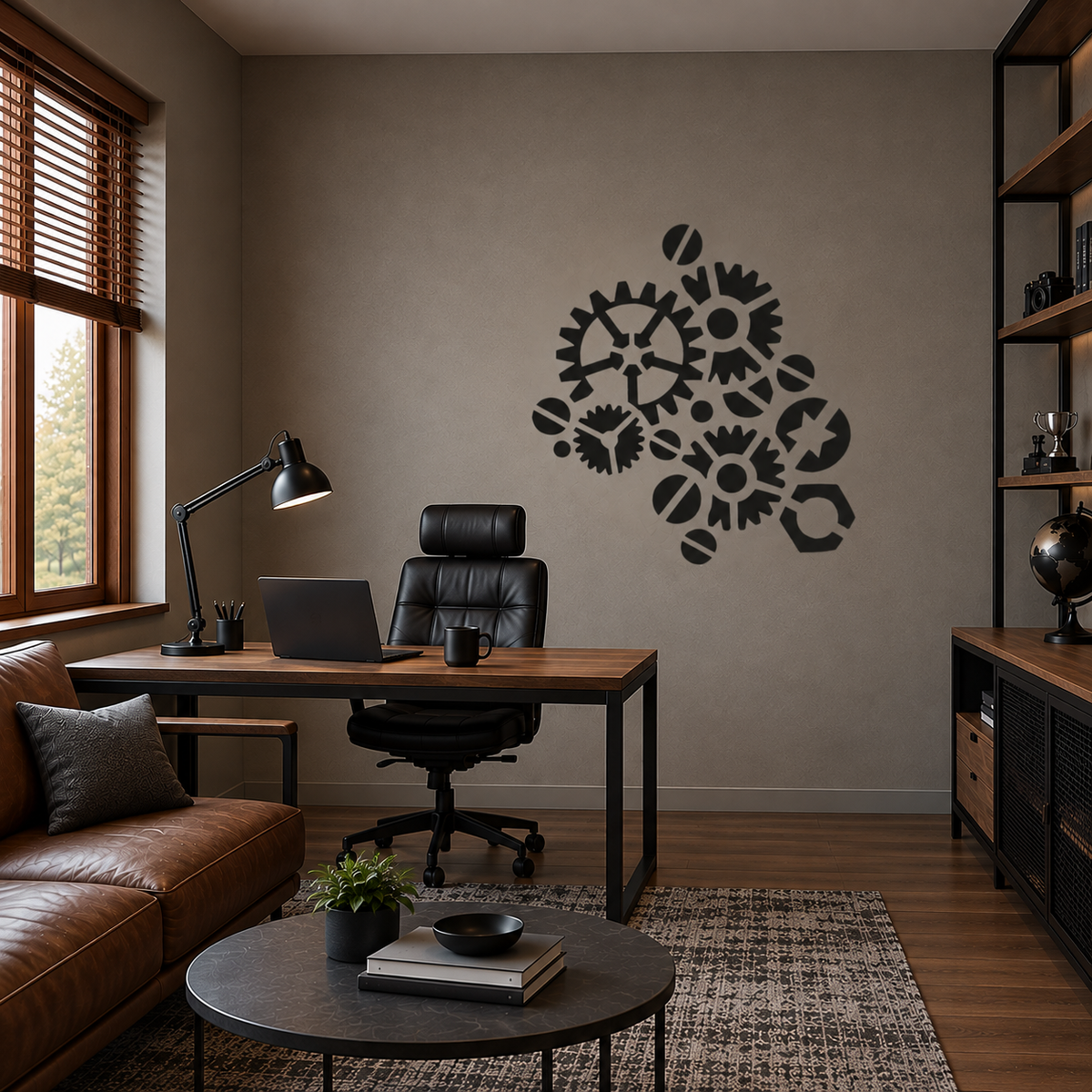 Industrial Gears & Bolts Stencil in black on a gray wall in an industrial home office with a wooden desk and leather chair.