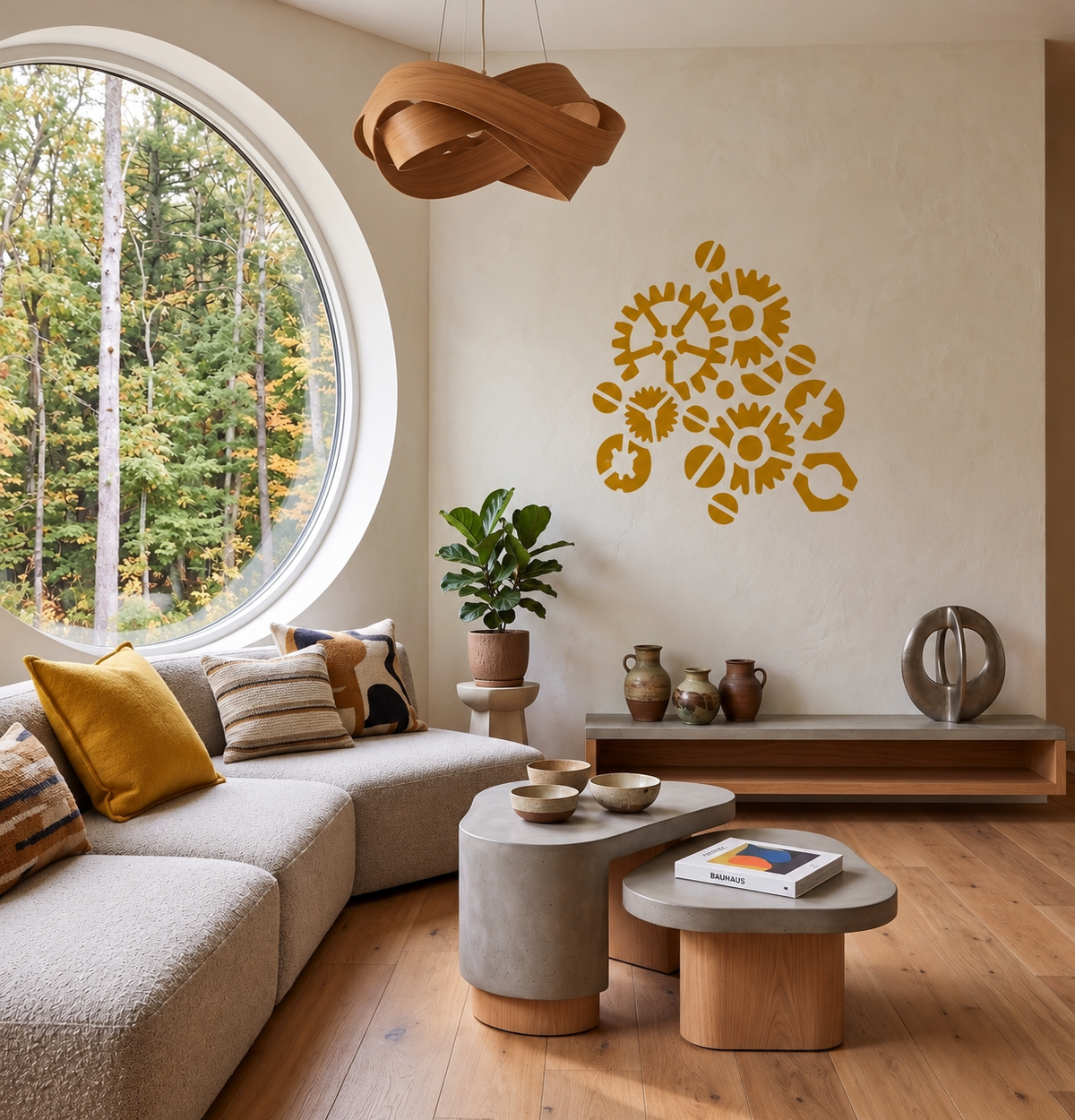 Industrial Gears & Bolts Stencil in mustard yellow on a cream wall in a modern living room with a large round window.