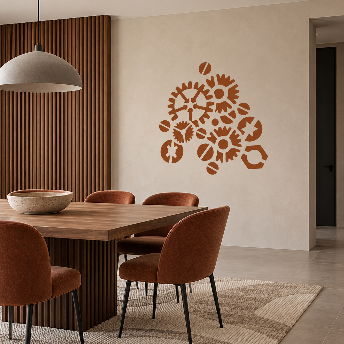 Industrial Gears & Bolts Stencil featuring terracotta-colored gears and bolts on a warm beige wall in a modern dining room.