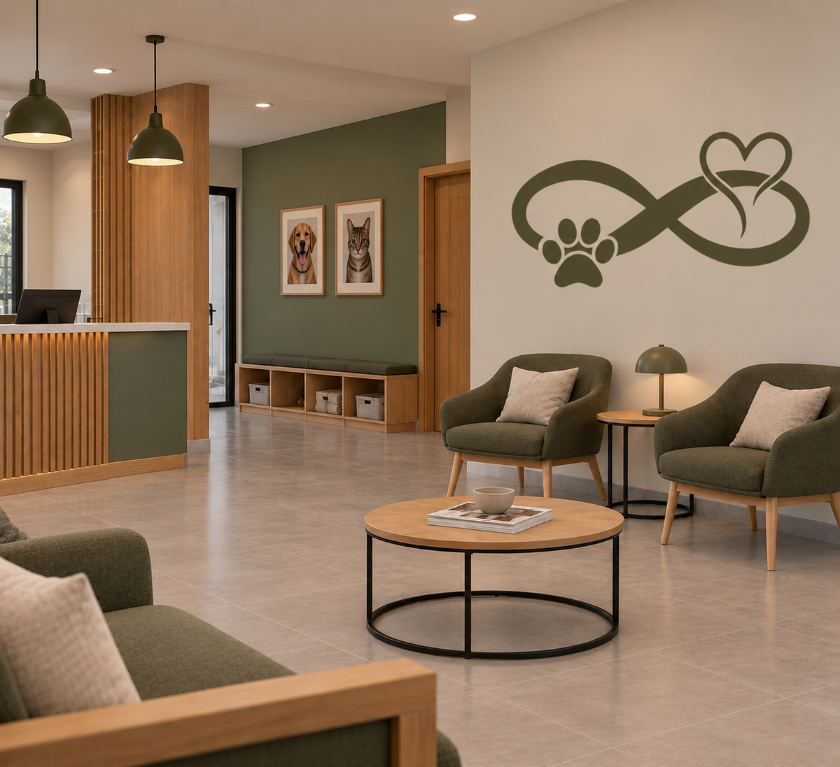 Infinity Paw Heart Stencil in olive green on a light wall above two armchairs in a veterinary clinic waiting room.