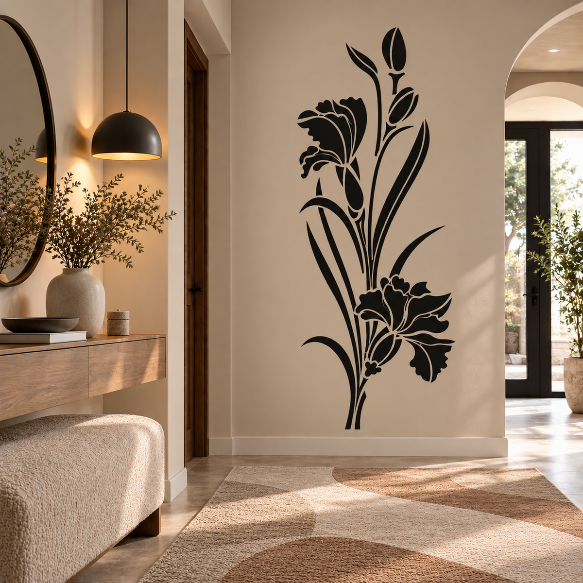 Iris flower wall stencil in black on a warm neutral entryway wall