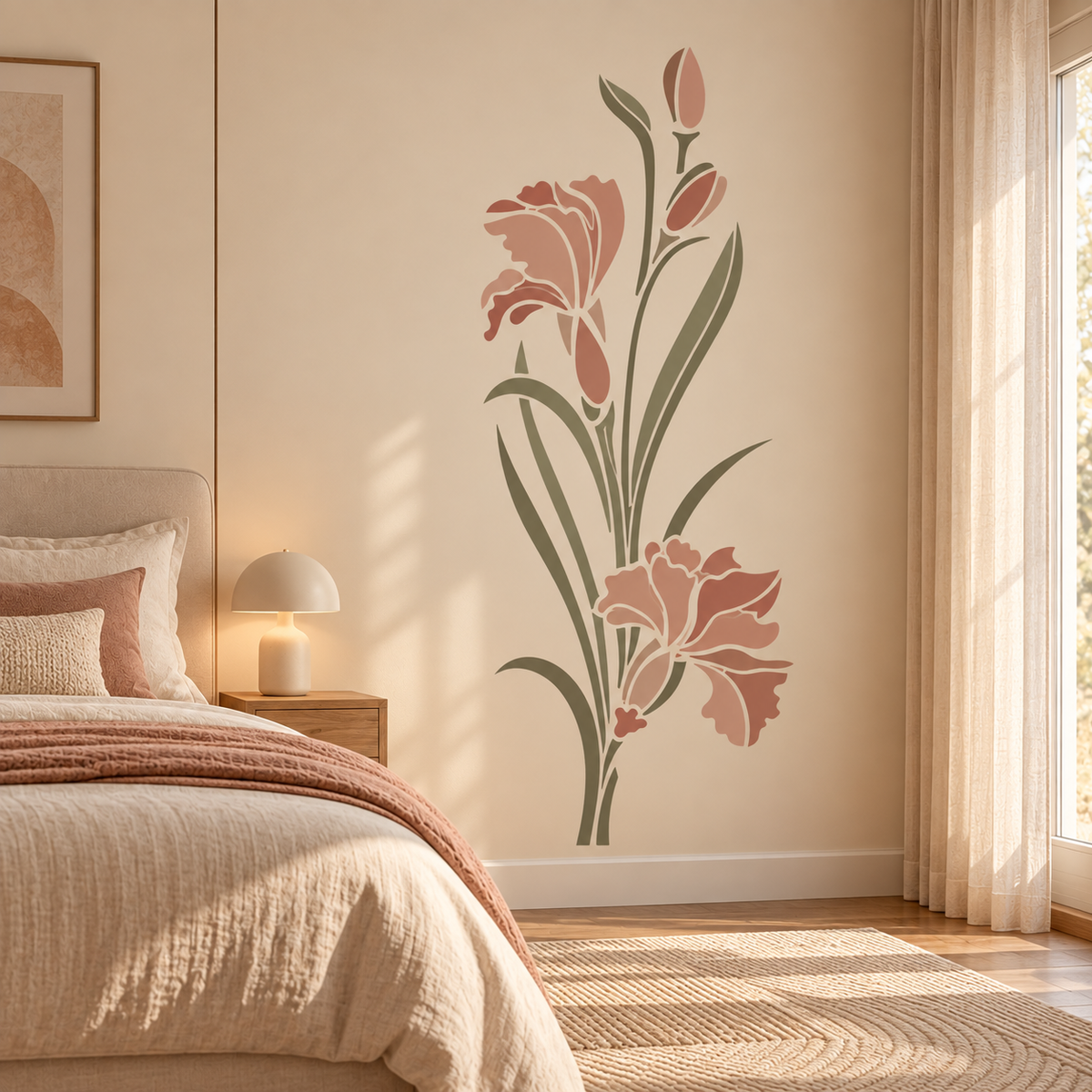 Iris flower wall stencil in dusty rose and olive green on a warm neutral bedroom wall