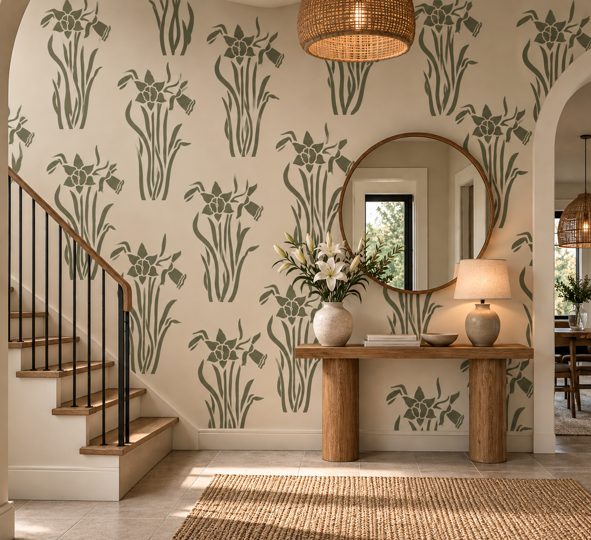 Green iris flower wall stencil pattern creating a repeating botanical design in a warm modern entryway.