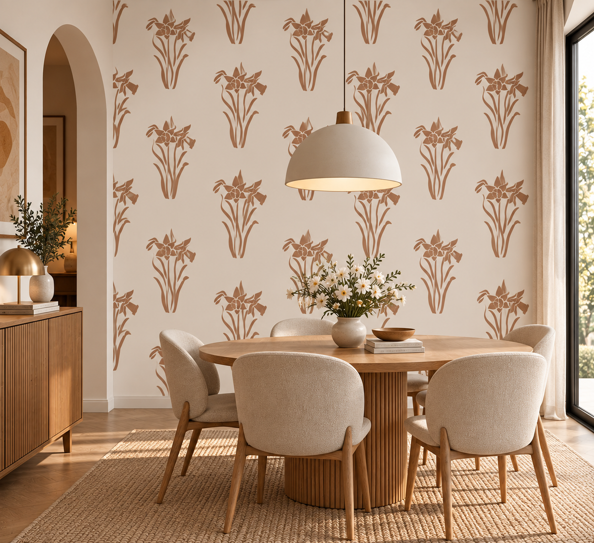 Terracotta iris flower wall stencil pattern creating a repeating botanical design in a bright modern dining room.