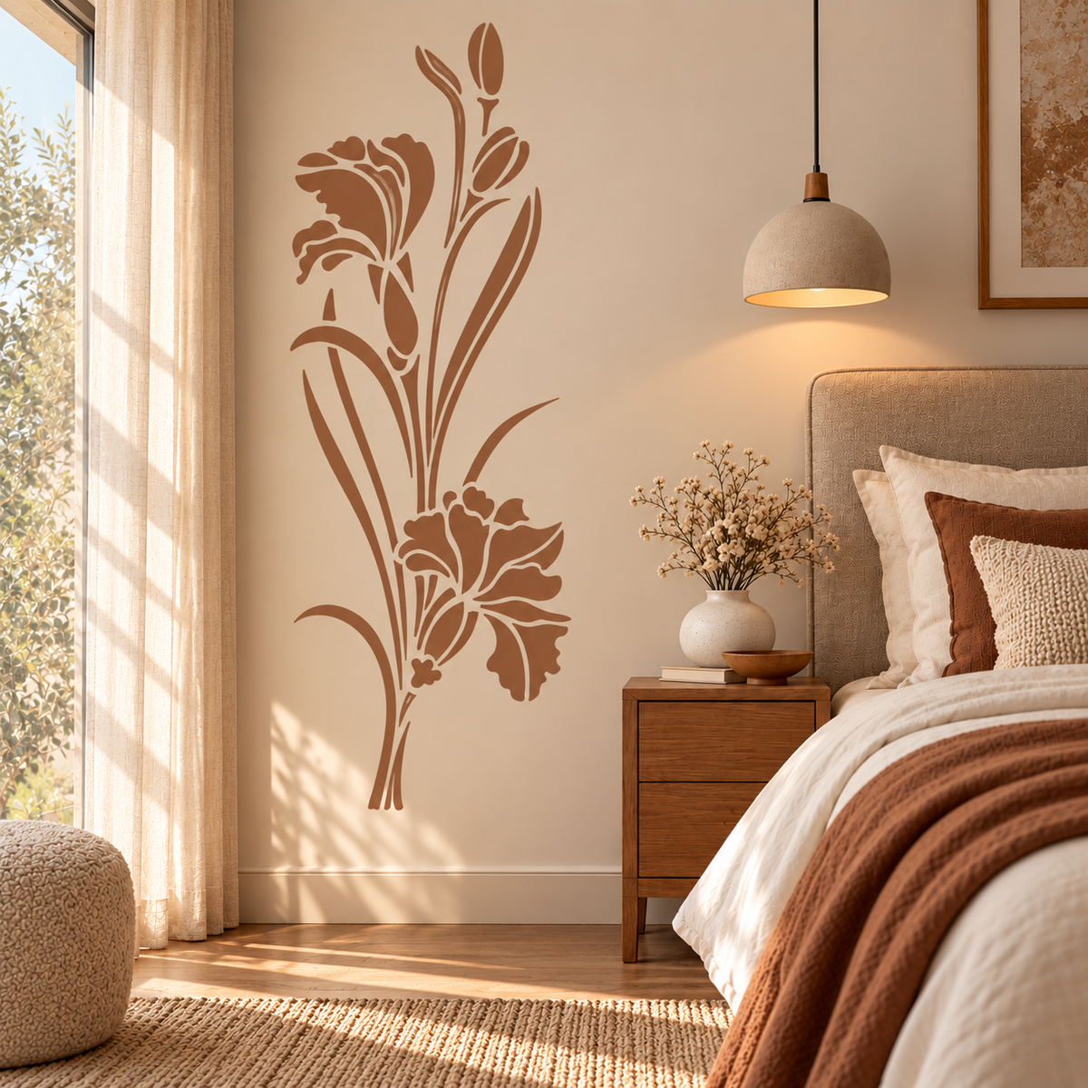 Iris flower wall stencil in terracotta on a cream bedroom wall