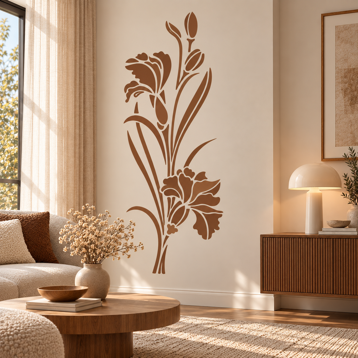 Iris flower wall stencil in terracotta on a warm cream living room wall