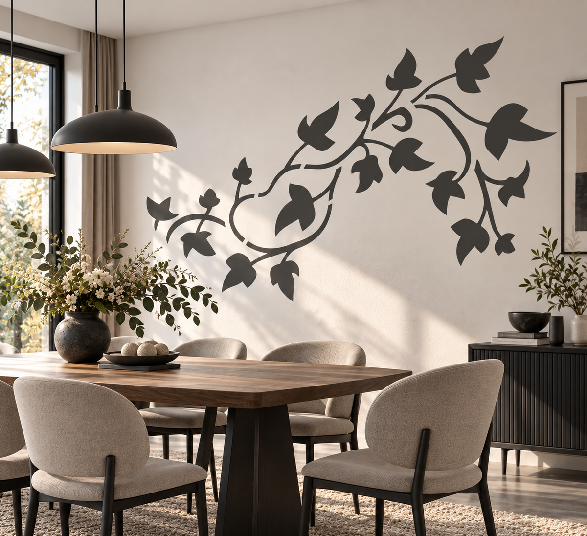 Ivy vine wall stencil in black with flowing leaves on a modern dining room wall