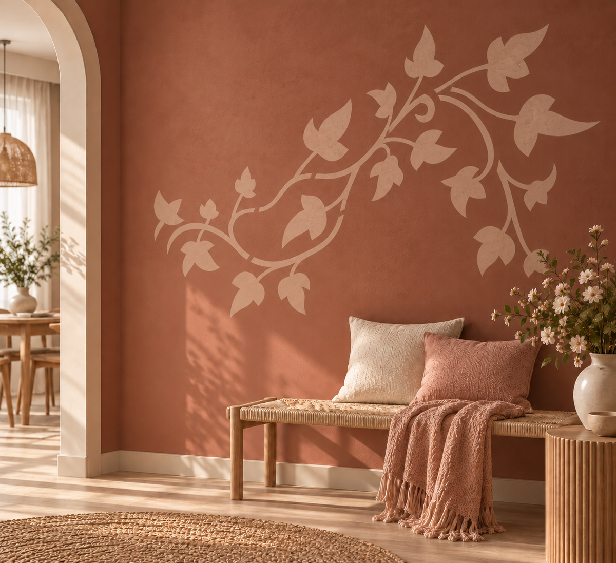 Ivy vine wall stencil in soft cream with trailing leaves on a terracotta accent wall above a bench