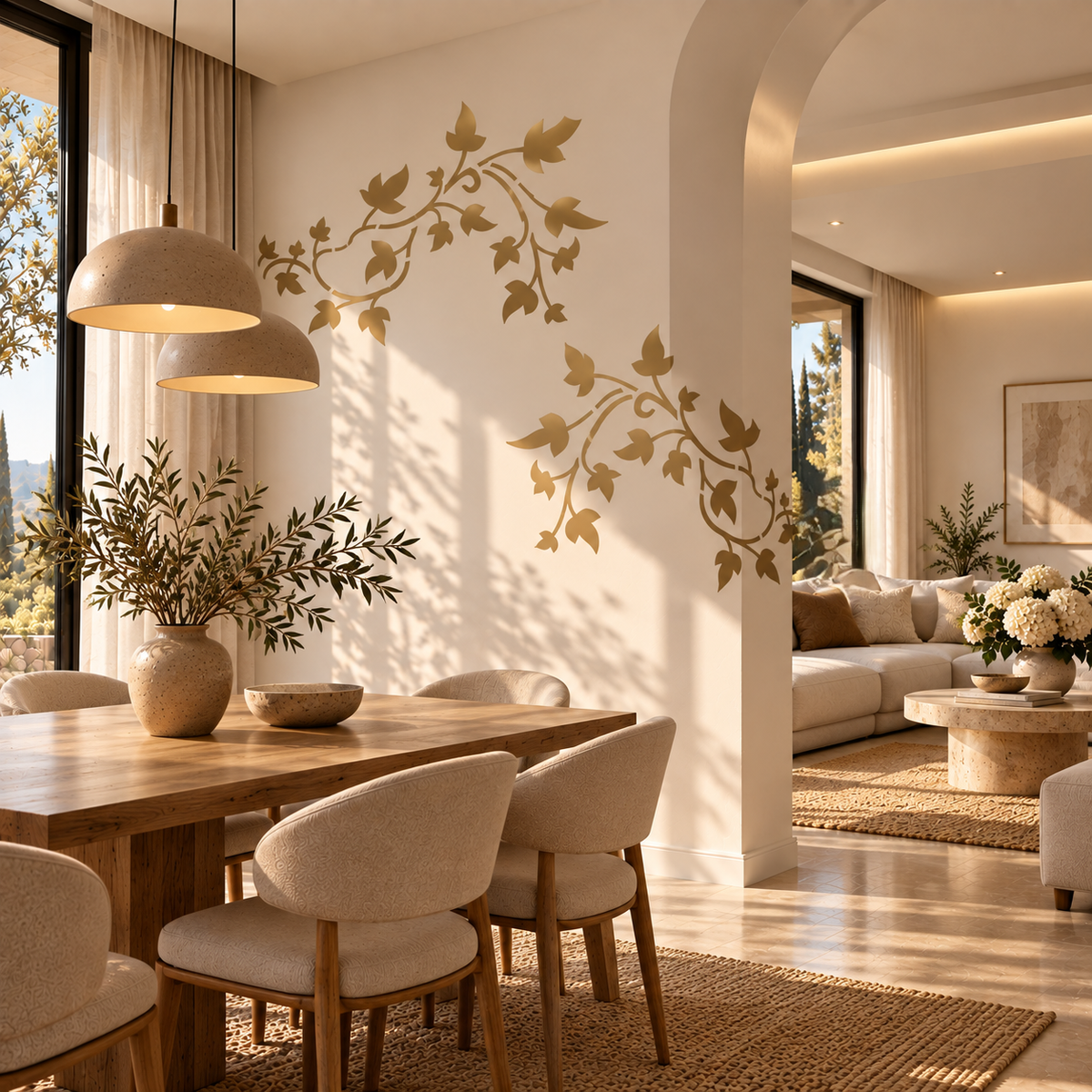 Ivy vine wall stencil in warm gold featuring two flowing leafy branches in a bright modern dining room