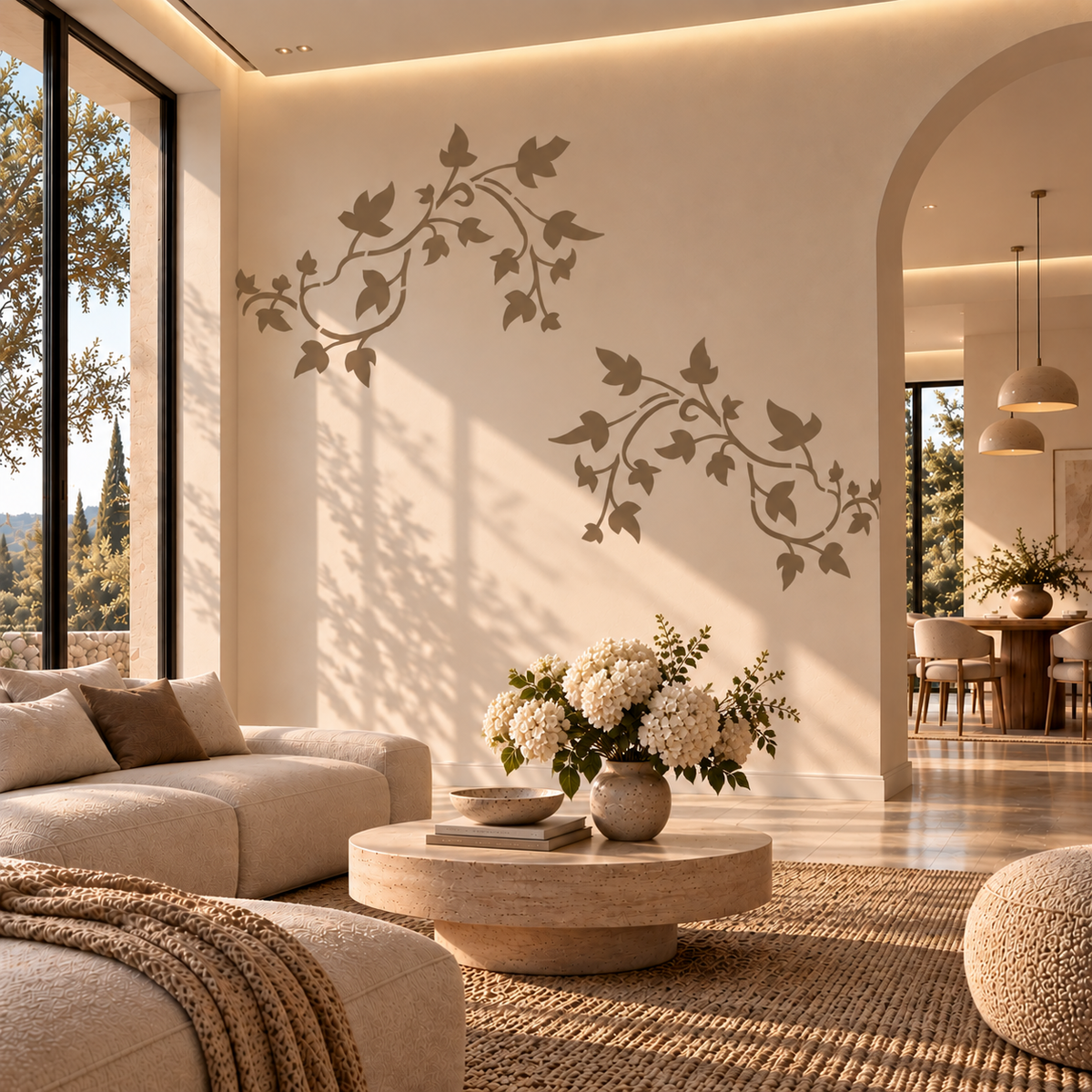 Ivy vine wall stencil in warm taupe arranged as two leafy branches in a modern neutral living room