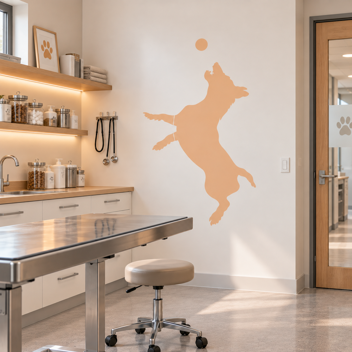 Jumping Dog Stencil in soft peach featuring a playful dog silhouette on a white wall in a modern veterinary clinic