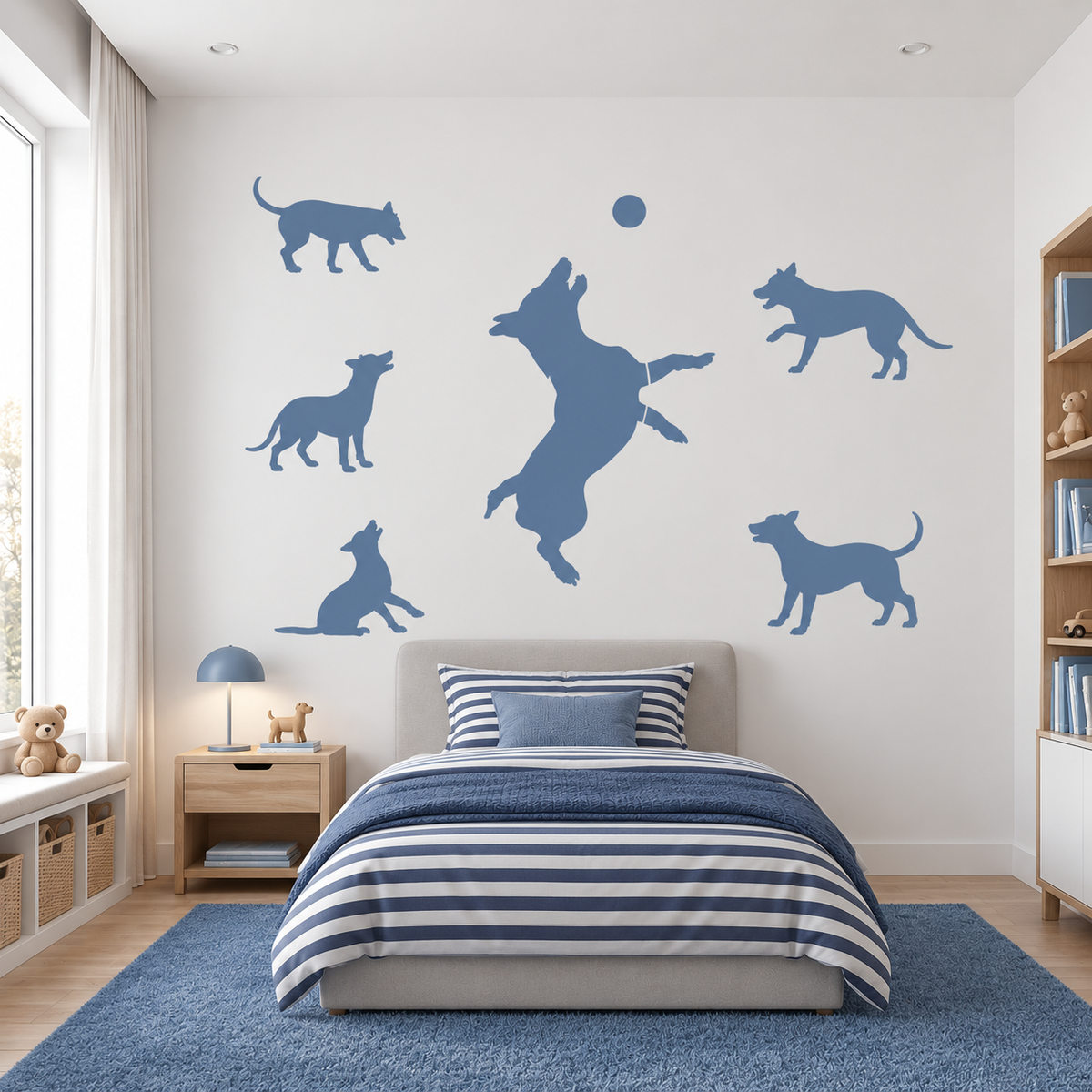 Blue Jumping Dog Wall Stencil with playful dog silhouettes in a modern kids bedroom
