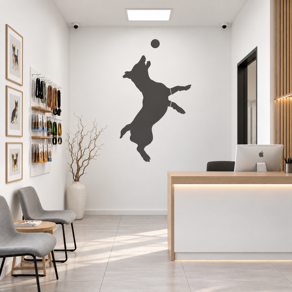 Black Jumping Dog Wall Stencil on a white wall in a modern pet shop interior
