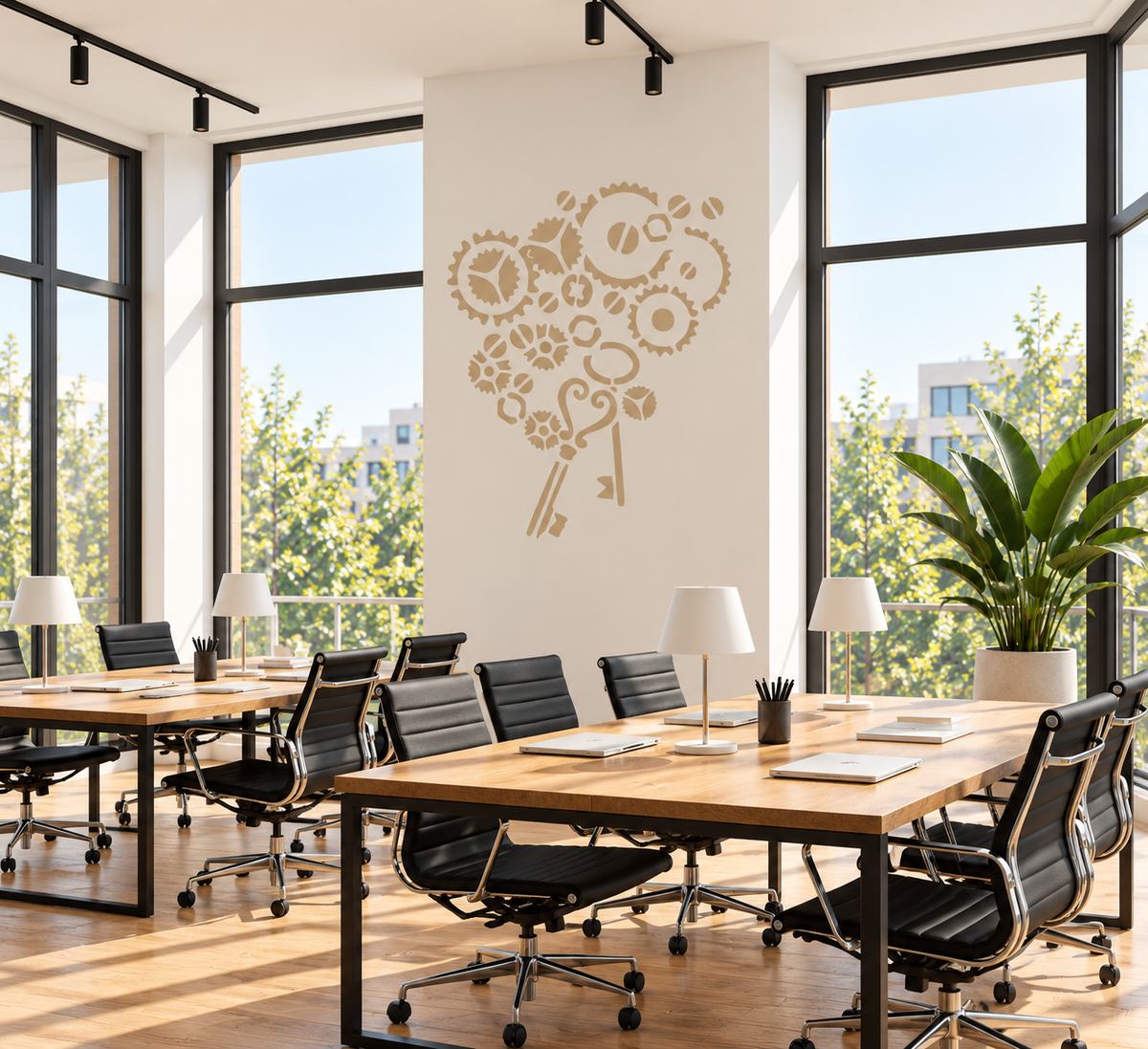 Keys and Gears Stencil in warm beige on a white wall in a bright open-plan office with wooden desks and black chairs.