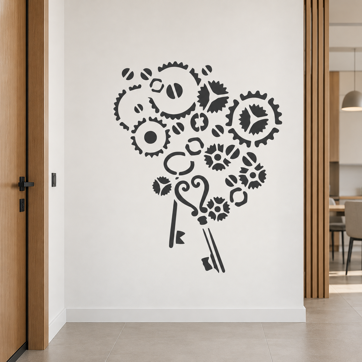 Keys and Gears Stencil in black on a white wall in a modern hallway with wooden doors.