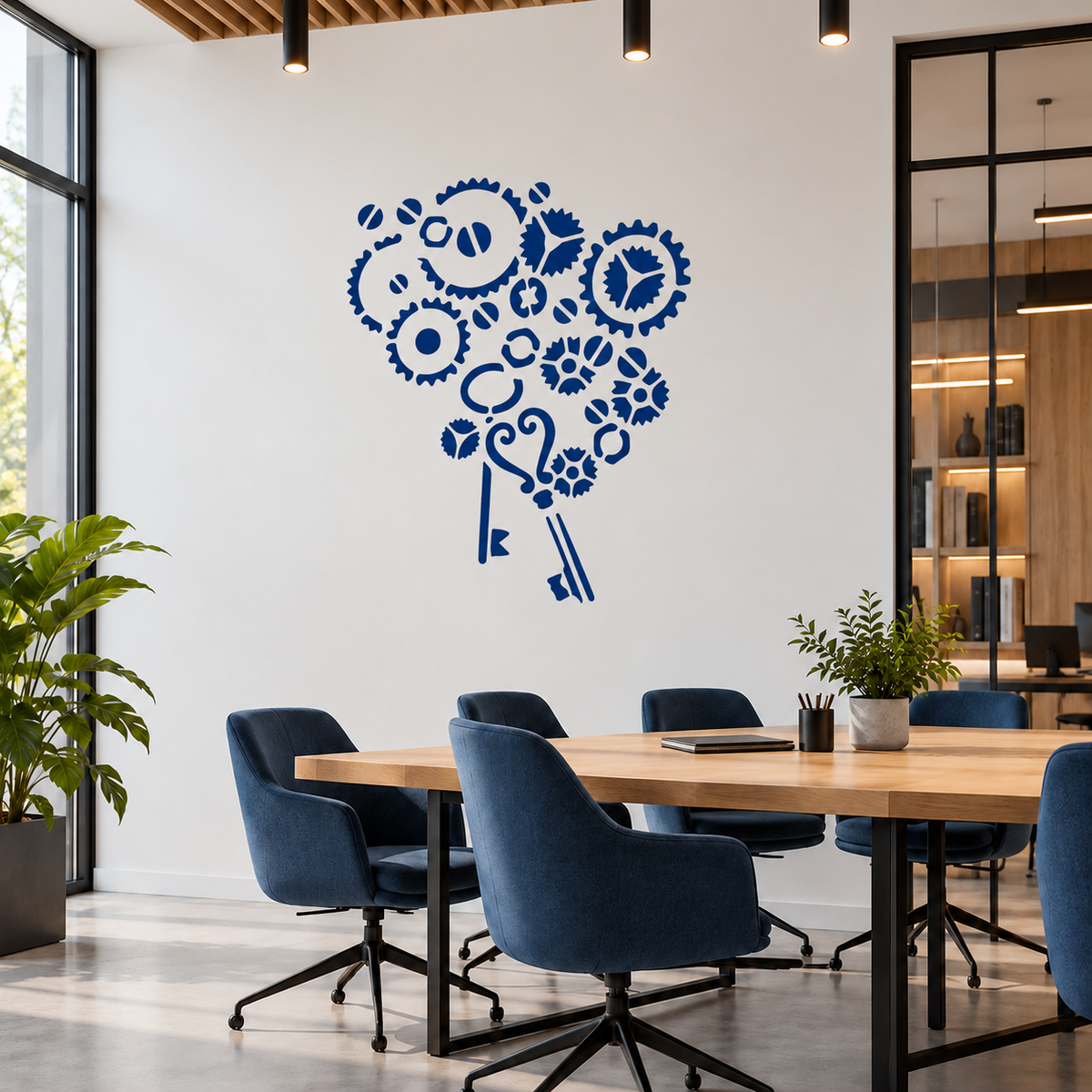 Keys and Gears Stencil in bold blue on a white wall above a meeting table in a modern office.