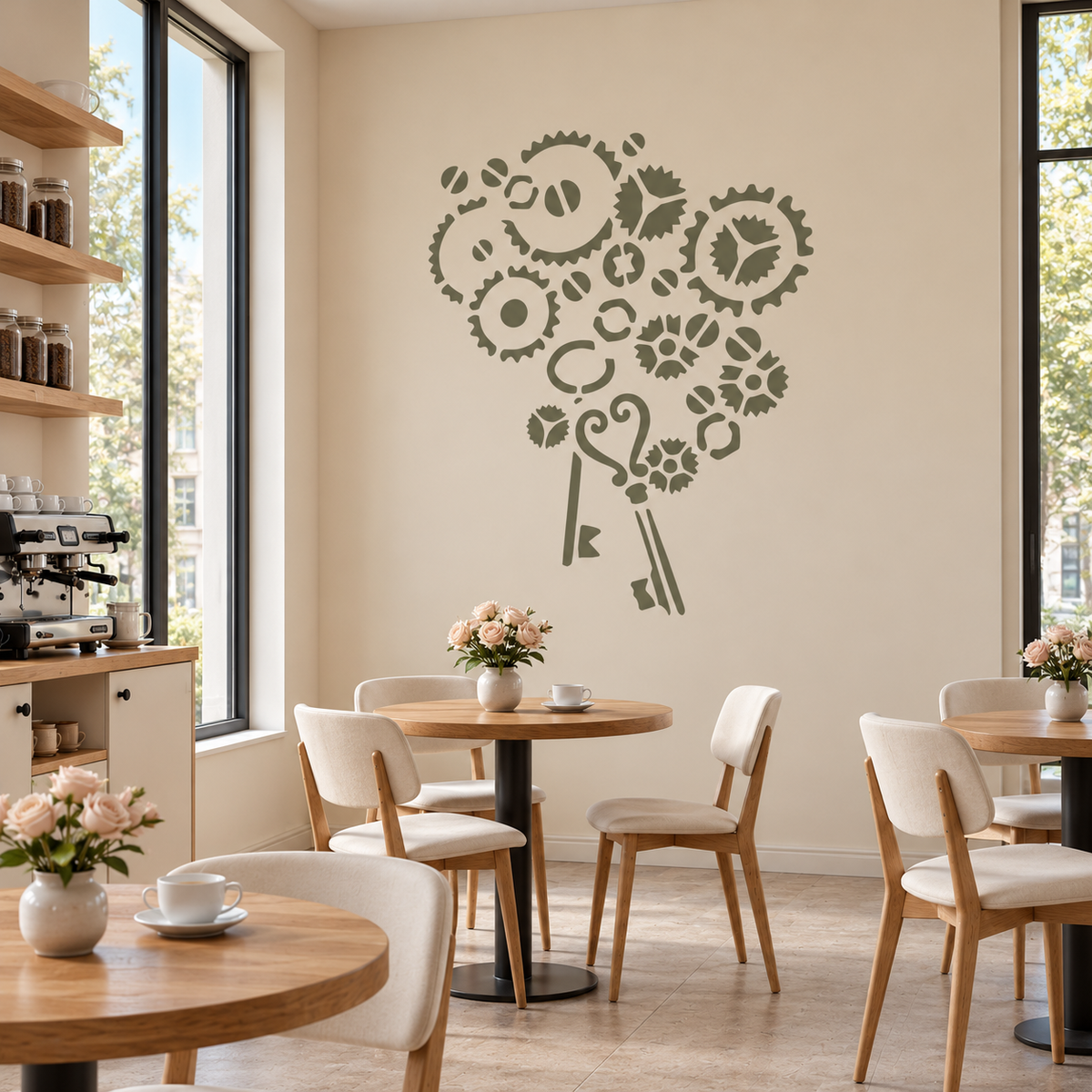 Keys and Gears Stencil in sage green on a cream wall in a cozy café with wooden tables and chairs.