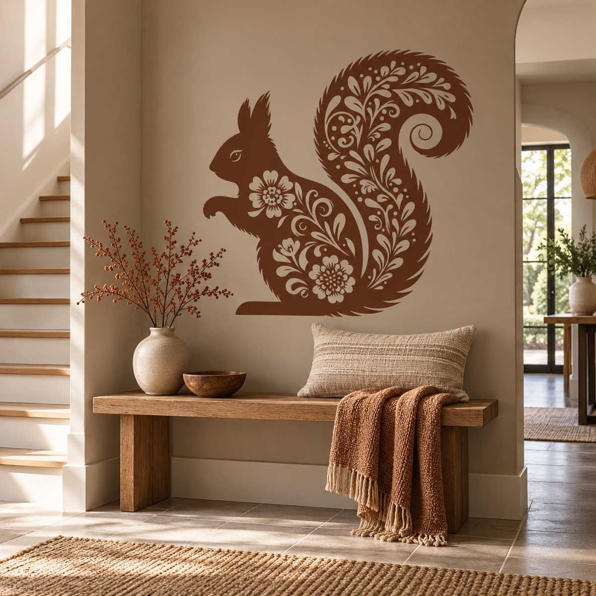 Oversized brown floral squirrel stencil creates a striking woodland focal point above a rustic wooden entryway bench.