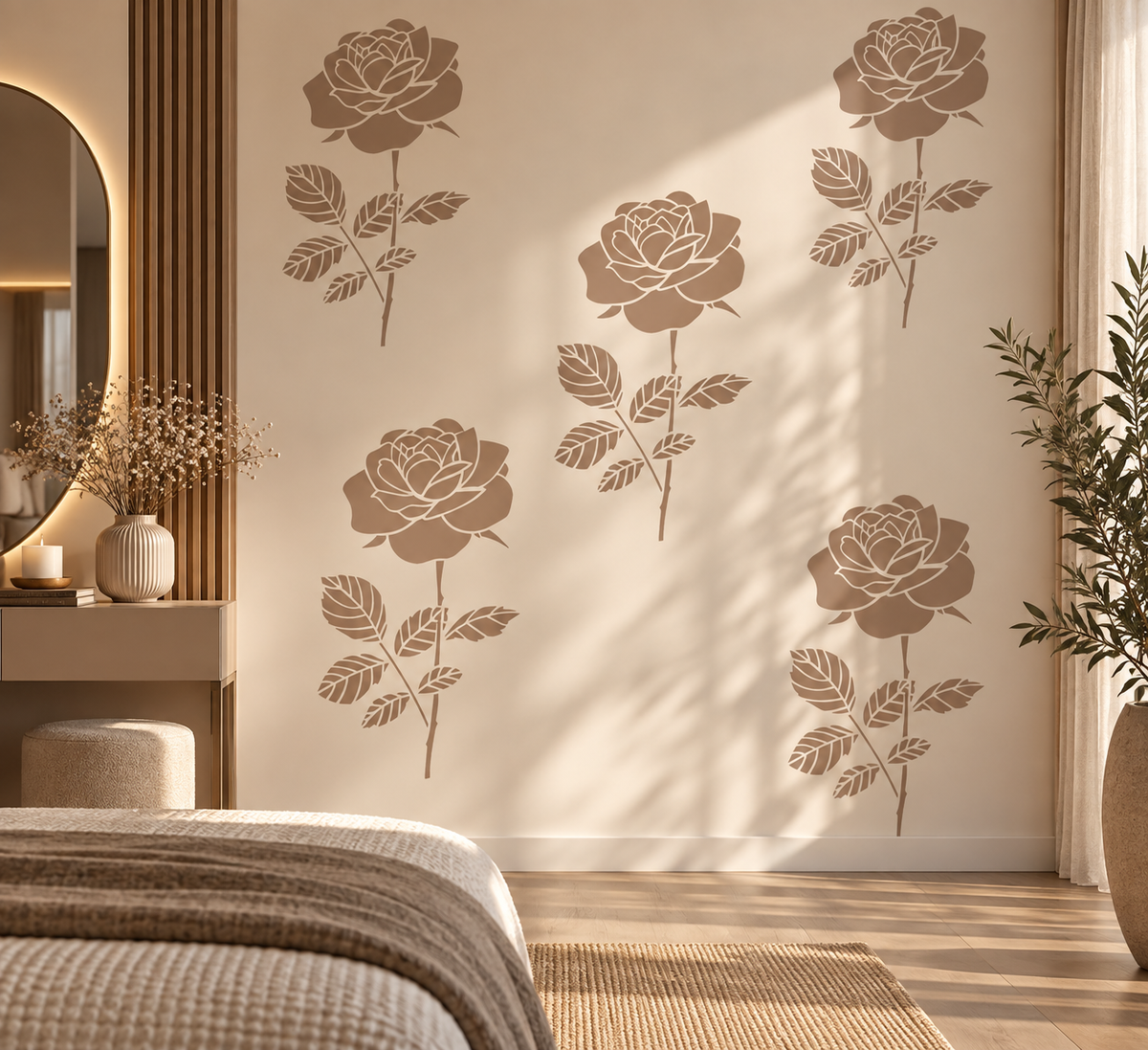 Large beige rose wall stencil above the bed, adding soft botanical charm to a bright feminine bedroom.