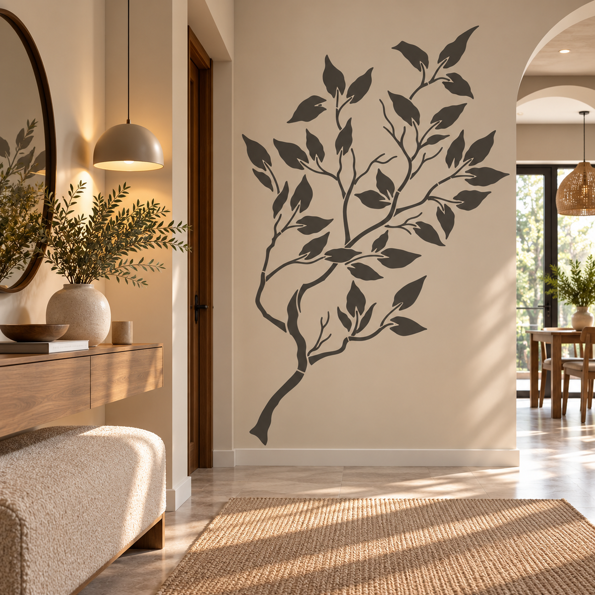 Charcoal leafy branch wall stencil on a warm neutral entryway wall