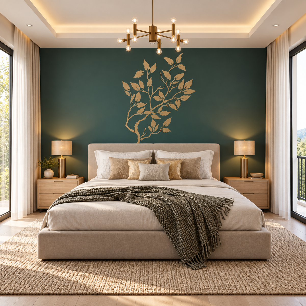 Gold leafy branch wall stencil on a dark green bedroom accent wall