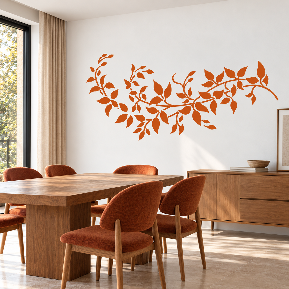 Leafy vine wall stencil in burnt orange on a modern dining room wall