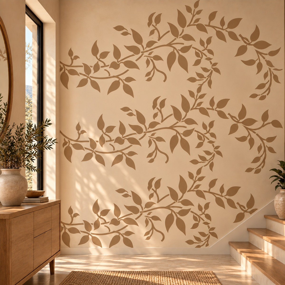 Leafy vine wall stencil in warm tan on a modern stairway accent wall