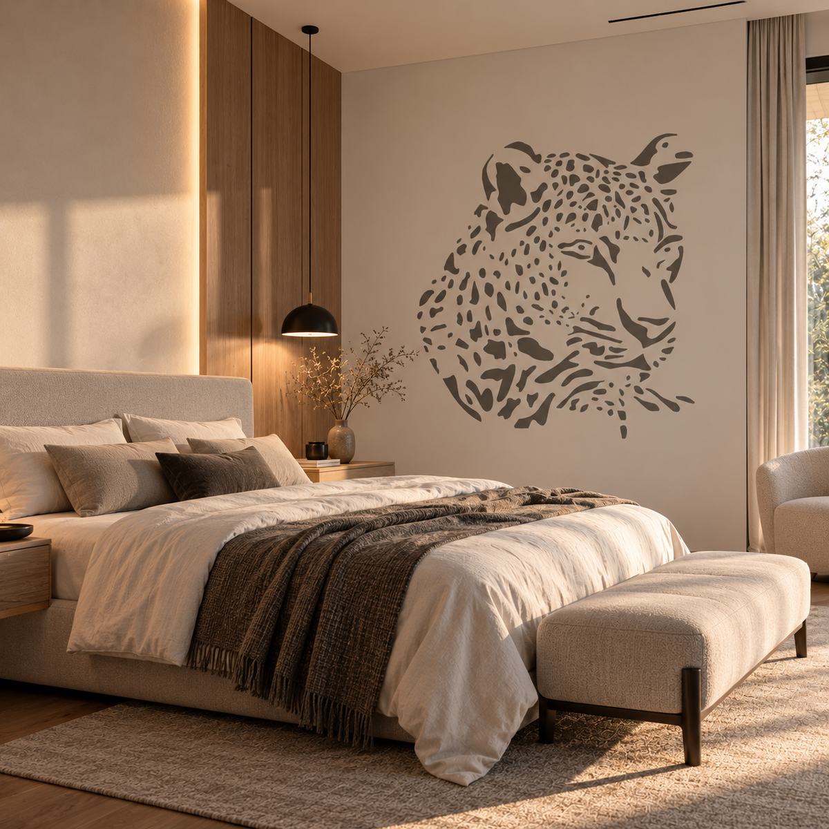 Leopard head stencil displayed above a bed in a warm modern bedroom with neutral decor