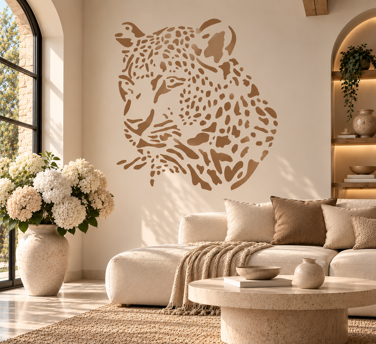 Leopard head stencil displayed on a warm neutral wall in an elegant modern living room