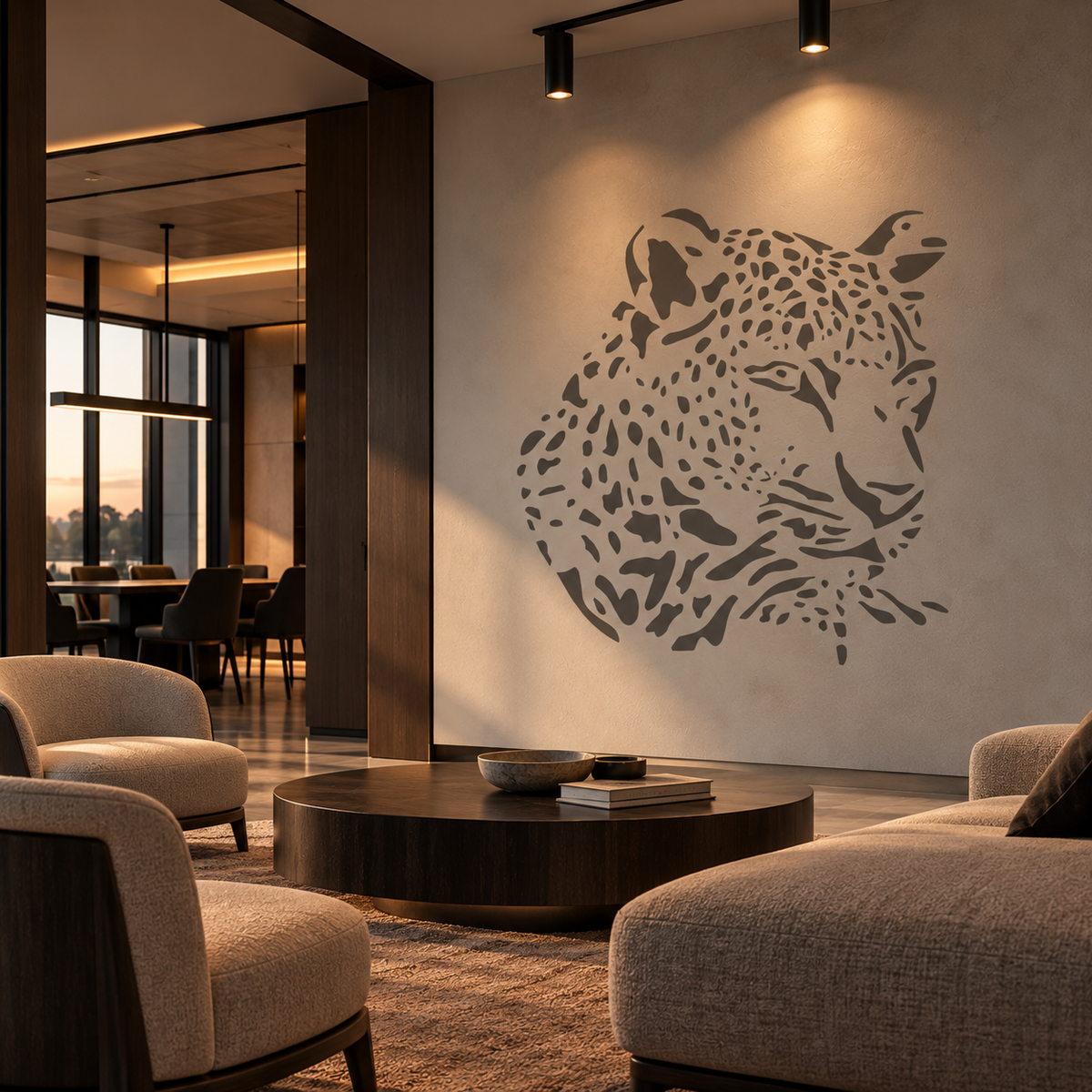 Large leopard head stencil on a neutral wall in a luxurious contemporary living room