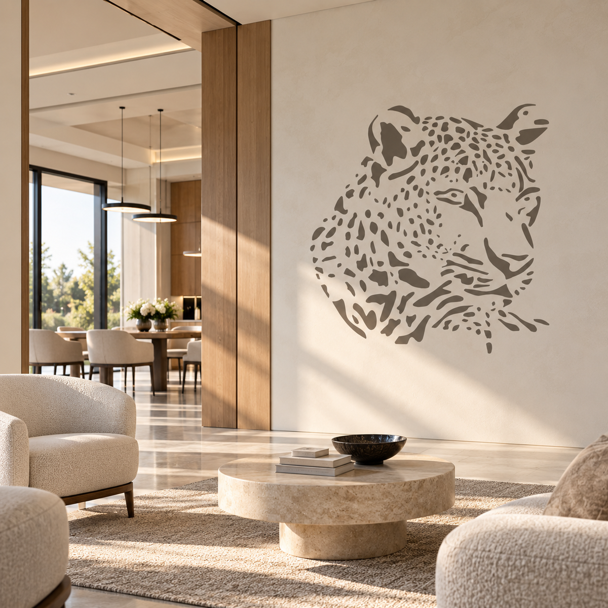 Leopard head stencil in soft gray on a light wall in a sophisticated contemporary interior