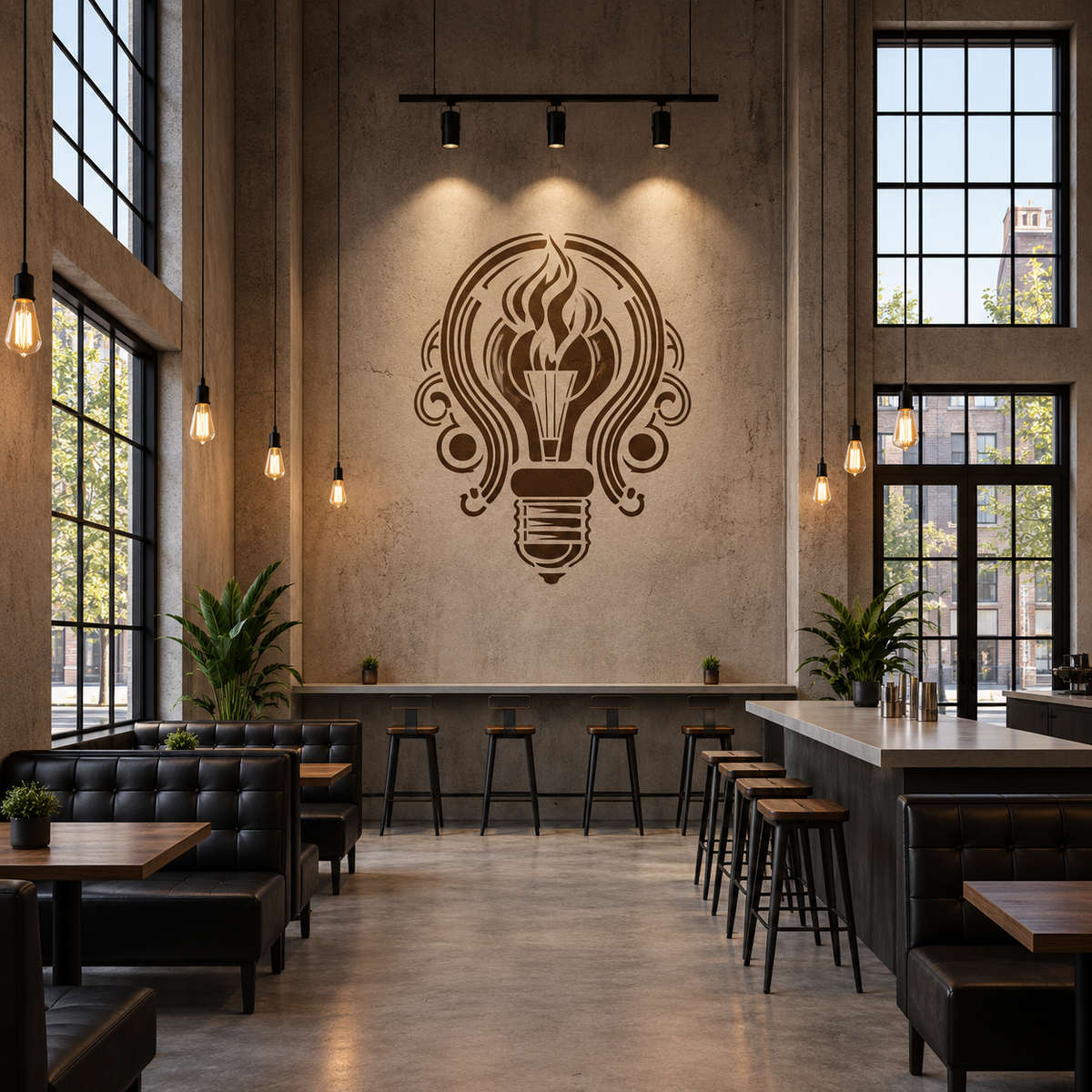 Decorative Light Bulb Stencil in dark brown on a concrete wall in an industrial-style café with black leather seating.
